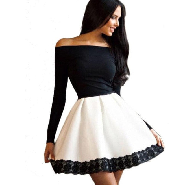 Black & White Shoulder-cut Long Sleeve Dress - Superior Urban