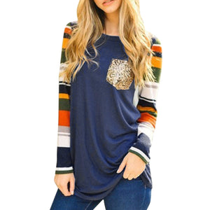 Sequins Pocket Stripe Patchwork Long Sleeve Shirt - Superior Urban