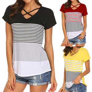 Stripe Splice Short Sleeve V Neck Shirt - Superior Urban