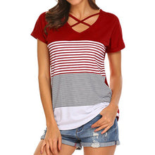 Stripe Splice Short Sleeve V Neck Shirt - Superior Urban