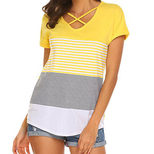 Stripe Splice Short Sleeve V Neck Shirt - Superior Urban