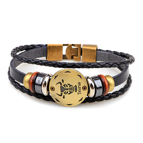 Zodiac Signs Black Gallstone Leather Bracelet - All 12 Signs Available - Superior Urban